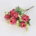 Artificial 7-head pink rose flower bouquet fake floral bundle for home party decoration. - Dark Red