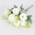 European 7-head artificial white rose bouquet with green leaves, ideal for home decor. - White