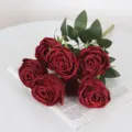 Ramo de siete rosas imperiales rojas artificiales para decoración de bodas y hogar - Ramo de siete cabezas / Burdeos
