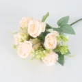 Artificial 7-head sweet rose bouquet, elegant champagne pink fake flowers for home decor. - Champagne