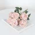 Elegante ramo de 7 rosas artificiales rosadas para bodas y decoración del hogar - Ramo de siete cabezas / Café Claro