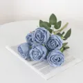 Elegante ramo de 7 rosas artificiales azules para bodas y decoración de mesa de hogar - Ramo de siete cabezas / Azul