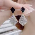 Korean retro rhombus dangle earrings with sparkling rhinestones in black and silver - Rhombus Patchwork Full Rhinestone Style (E3252) / Gold