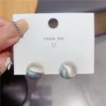Minimalist elegant brushed silver hemispherical stud earrings on white display card - Brushed Matte Hemisphere Stud Earrings (E2609银)