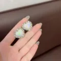 Elegant iridescent heart stud earrings with sparkling crystal border for women - Iridescent Heart Mother-of-Pearl Luster Ear Clips (E2610金彩合金耳夹)