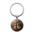 Vintage wood grain guitar pattern time gem glass cabochon keychain pendant for music lovers - Silver
