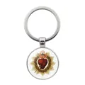 Vintage Sacred Heart religious glass cabochon metal keychain for car keys and bag charms - Silver