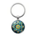 Vintage mandala keychain with blue and gold star pattern in glass cabochon and metal ring - Painted Mandala Eight-Pointed Star (XSWX9414) / Silver