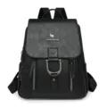 Black textured faux leather backpack with kangaroo logo and stylish metal buckle closure - Black