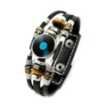 Detailed view of multilayer punk leather bracelet with a retro vinyl record charm - Blue Label Vinyl Record (XSWX9334-2)