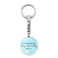 Detailed view of a silver metal keychain featuring inspirational biblical text on blue - Pray About Everything (XSWX9353-3)