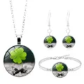 Detailed view of silver jewelry set with lucky four leaf clover glass cabochons - Time Gem Clover (XSWX6024-3)