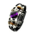 Detailed view of a retro punk leather bracelet featuring a unique purple vinyl record charm - Purple Label Vinyl Record (XSWX9334-7)