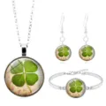 Lucky four-leaf clover jewelry set including necklace earrings and bracelet in silver tone - Pink Floral Clover (XSWX6024-2)