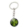 Lucky four-leaf clover keychain with green grass glass pendant and metal ring. - Dewdrop Black Base Style (XSWX6023-6)