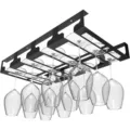 Detailed view of the black metal hanging wine glass rack, showing sturdy upside-down slots. - 4 Slots