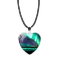 Heart shaped necklace featuring vibrant green aurora borealis starry sky glass gem - Lanyard Style / Style 3 (XSWX9361-3)