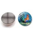 Detail showing front and back of a colorful rooster oil painting glass fridge magnet - Rooster Oil Painting Style (XSWX6055-1)