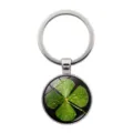 Lucky four-leaf clover glass cabochon keychain with green leaf pattern - Clover Style 6 (Silver-6)