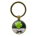 Lucky green four-leaf clover time gem glass cabochon keychain in antique bronze finish - Clover Style 3 (Antique Bronze-3)