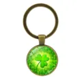 Lucky four-leaf clover glass cabochon keychain with antique bronze finish and green pattern - Clover Style 5 (Antique Bronze-5)