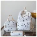 Chic conjunto de mochila de 3 piezas blanco con lazo azul, bolso escolar casual elegante. - Blanco con Azul