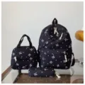 Conjunto de mochila negra de 3 piezas con estampado de lazos, ideal para estudiantes y viajes. - Negro