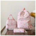 Conjunto de mochila rosa con estampado de lazo, bolso escolar de gran capacidad para mujer. - Rosa