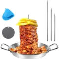 Stainless steel vertical al pastor skewer set with detachable spikes and heat-resistant silicone mats. - 10-Inch Pot Outer Diameter, Natural Color with Gloves and Mat