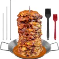 Stainless vertical barbecue skewer pan set details with extra spikes and dual silicone brushes. - 10-Inch Pot Outer Diameter, Natural Color with Brush