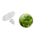 Detail view of four-leaf clover glass cabochon stud earrings with silver-tone backings. - Clover Style 12 (XSWX6018-12)