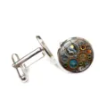 Detailed view of silver steampunk cufflinks featuring mechanical gears and a raven motif - Mechanical Gear Time Gem Style (XSWX6040-10)