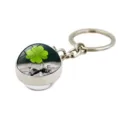 Lucky four-leaf clover glass cabochon keychain with a polished silver metal ring - St Patrick Day Style (XSWX6005-3)