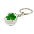 Lucky green four-leaf clover keychain with crystal ball pendant and silver metal ring - Clover Pattern (XSWX6005-1)