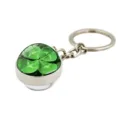 Silver metal keychain with lucky four-leaf clover under a clear glass dome - Realistic Clover (XSWX6005-4)