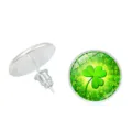 Silver clover stud earrings with green shamrock glass cabochon for St. Patrick's Day - Clover Style 5 (XSWX6018-5)