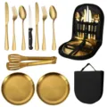Gold stainless steel camping tableware set portable cutlery with storage bag and plates - 10-Piece Outdoor Gold Set (Steak Knives)