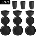12-Piece Black Wheat Straw Tableware Sets with Cups Bowls and Plates for Kitchen - 12pcs Set