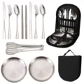Portable outdoor stainless steel tableware set cutlery camping knives forks spoons plates bag - 11-Piece Outdoor Silver Set (Chopsticks)