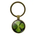 Vintage bronze keyring with lucky green four-leaf clover glass cabochon pendant charm - Clover Style 6 (Antique Bronze-6)