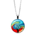 Detailed close-up showing the vibrant rainbow Tree of Life glass cabochon pendant on a silver chain - Life Tree Pattern 2 (XSWX6072-2)