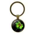 Antique bronze keychain with lucky four-leaf clover glass cabochon for bags and cars - Clover Style 9 (Antique Bronze-9)