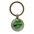 Vintage bronze keychain featuring lucky green four-leaf clover in glass cabochon pendant - Clover Style 10 (Antique Bronze-10)