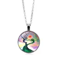 Tree of Life artistic glass cabochon round pendant necklace with silver finish chain - Life Tree Pattern 1 (XSWX6072-1)