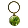 Vintage bronze keychain with lucky four-leaf clover glass cabochon pendant accessory - Clover Style 12 (Antique Bronze-12)