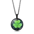 Collar con colgante de trébol verde de la suerte en vidrio con cadena de metal negro - Estilo Trébol de Cuatro Hojas (XSWX6009-8) / Negro