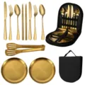 Portable gold stainless steel cutlery set with storage bag for outdoor camping and picnics. - Outdoor Gold 11-Piece Set (Chopsticks)