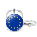 Round keychain with European Union flag glass cabochon and silver metal lobster clasp - EU