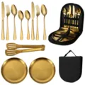 Gold stainless steel tableware set camping portable cutlery knife fork spoon plates and bag. - Outdoor Gold 11-Piece Set (Teaspoons)