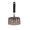 Slotted kitchen spatula with black ergonomic handle and durable slotted blade for easy cooking. - Wide Slotted Spatula